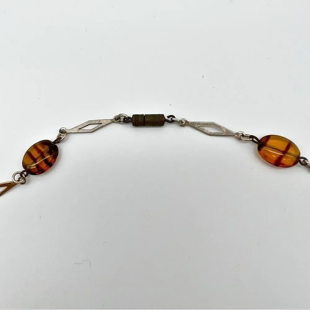 Gold Tone Diamond Shape Chain Amber Glass Striped Round Flat Bead Necklace 28”